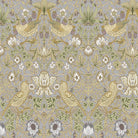 Grey William Morris Strawberry Thief velvet fabric with tonal birds and botanical pattern