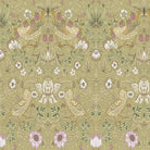Kiwi green Strawberry Thief velvet upholstery fabric with vivid foliage, birds and strawberries