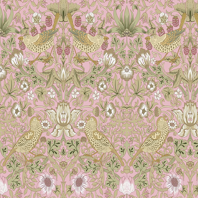 Pink Strawberry Thief velvet upholstery fabric with William Morris birds, berries and trailing leaves