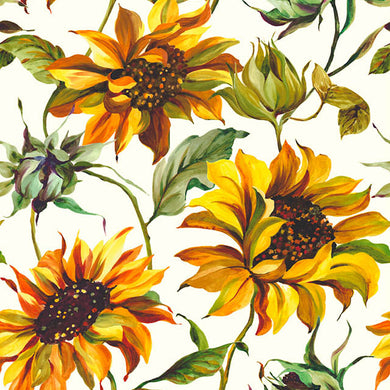 Sunflower Cotton Curtain Fabric - Ivory hanging on a window in a living room