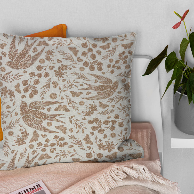 Swallow linen curtain fabric cushion showing natural country bird print on Newport White linen