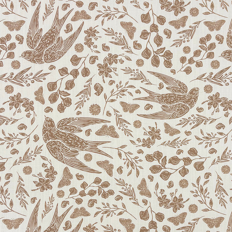 Swallow bird linen curtain fabric flat image with flying swallows and natural brown botanical print