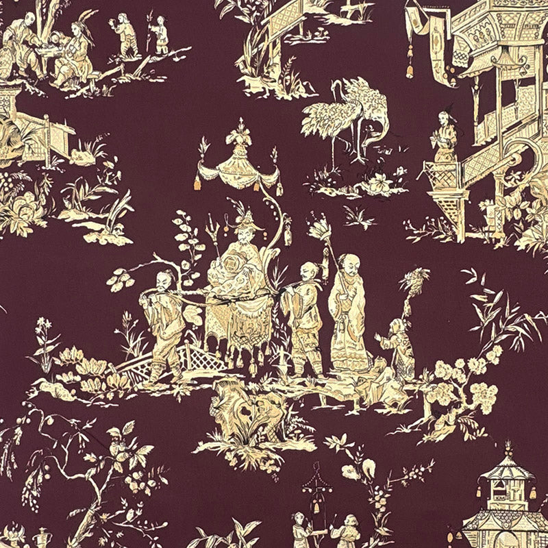Romo Tea House curtain fabric burgundy chinoiserie scenic print