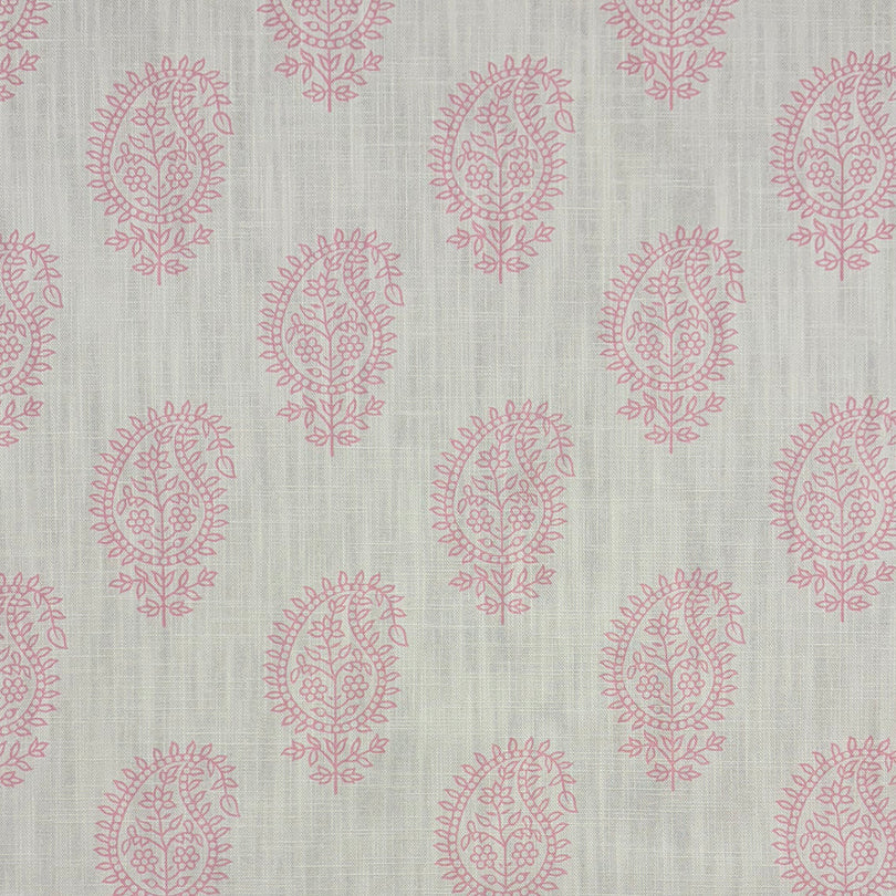 Teardrop Paisley Linen curtain fabric with delicate blush pink paisley pattern on a natural linen background.