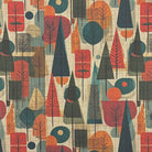 Thetford leaf fabric linen curtain fabric showing multicoloured autumn tree and leaf pattern on natural basecloth