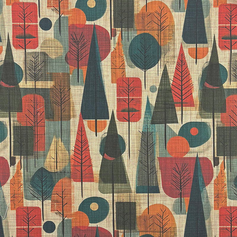 Thetford leaf fabric linen curtain fabric showing multicoloured autumn tree and leaf pattern on natural basecloth