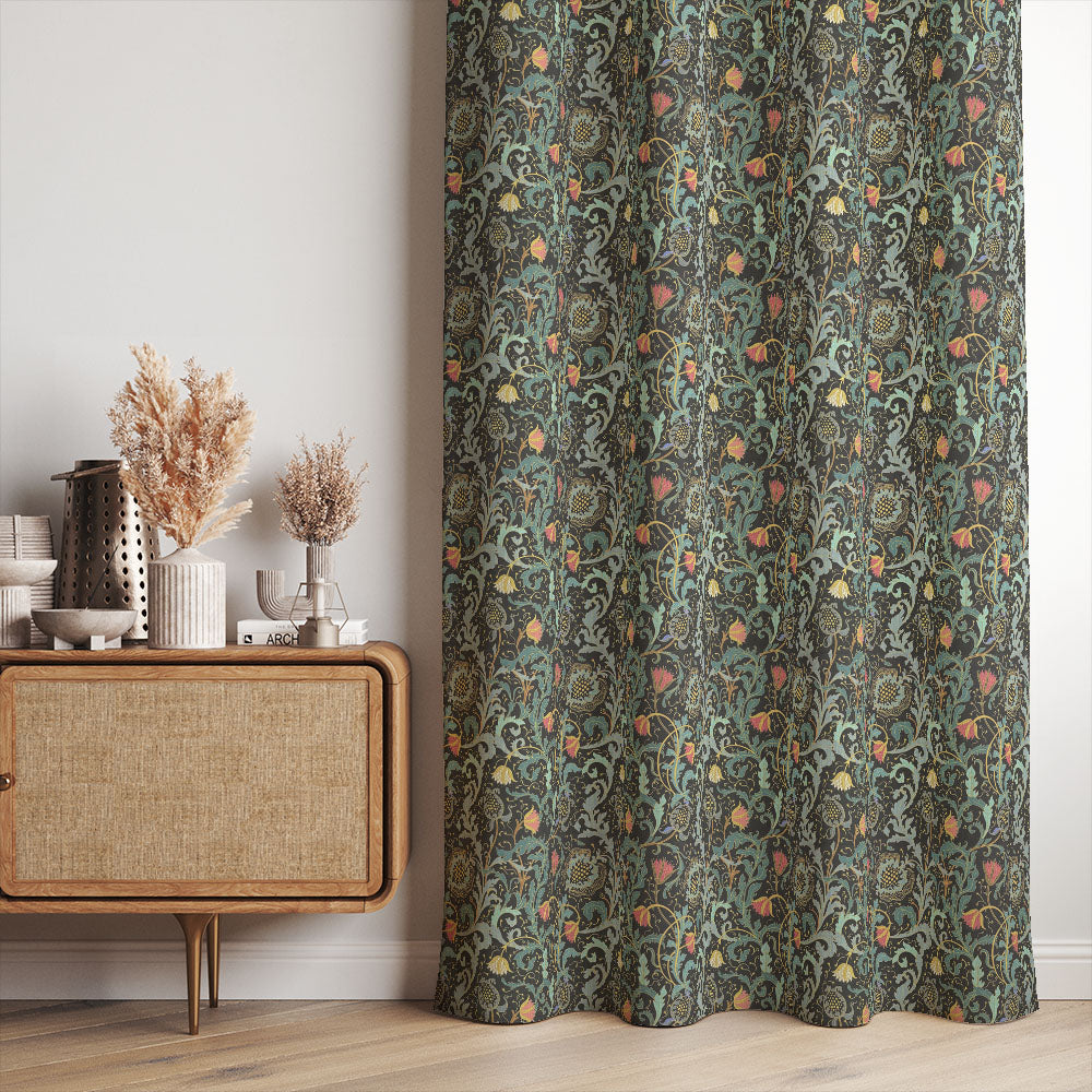 Thornsbury floral linen curtain fabric shown as curtains in black teal, botanical printed linen curtain fabric for made to measure curtains and blinds