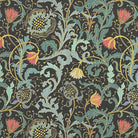 Thornsbury floral linen curtain fabric flat image in black teal, printed Newport White linen blend fabric by the metre for curtains and Roman blinds