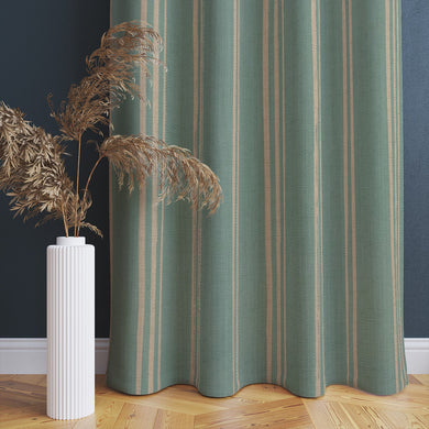 Duck egg linen curtain showing soft vertical stripe detail