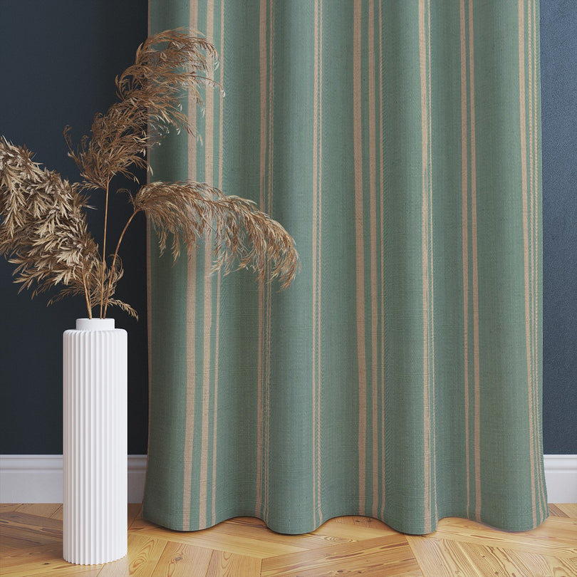 Duck egg linen curtain showing soft vertical stripe detail