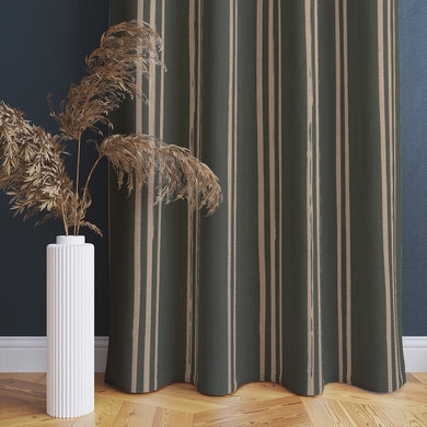 Fennel curtain in linen blend with hand-drawn vertical stripes