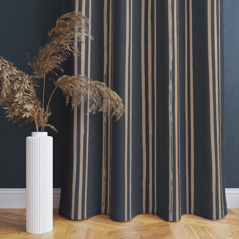 Navy linen curtain featuring natural hand-drawn stripe pattern