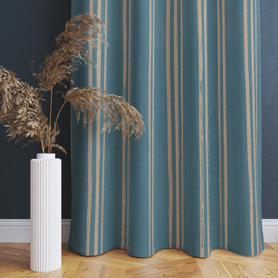 Sky blue curtain made from linen with painterly stripe layout