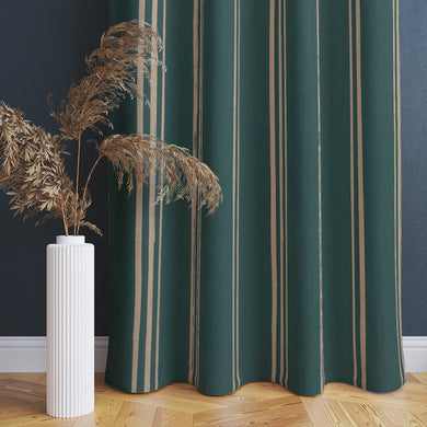 Teal linen curtain showing soft natural stripe definition