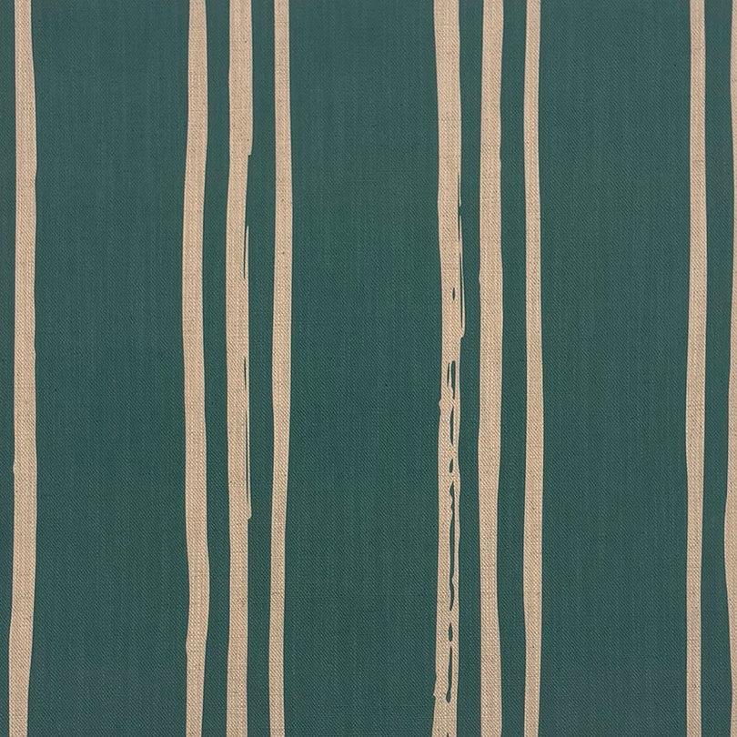 Teal striped linen curtain fabric with beige hand-drawn lines