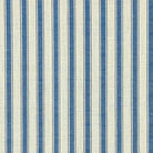 Flat image of Ticking Stripe Upholstery Fabric in Denim blue with classic ticking stripe pattern on off-white background.