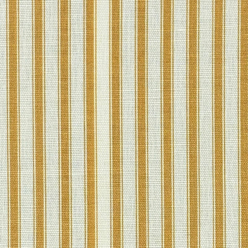 Flat image of Ticking Stripe Upholstery Fabric in Ochre yellow featuring narrow ticking stripes for classic styling.