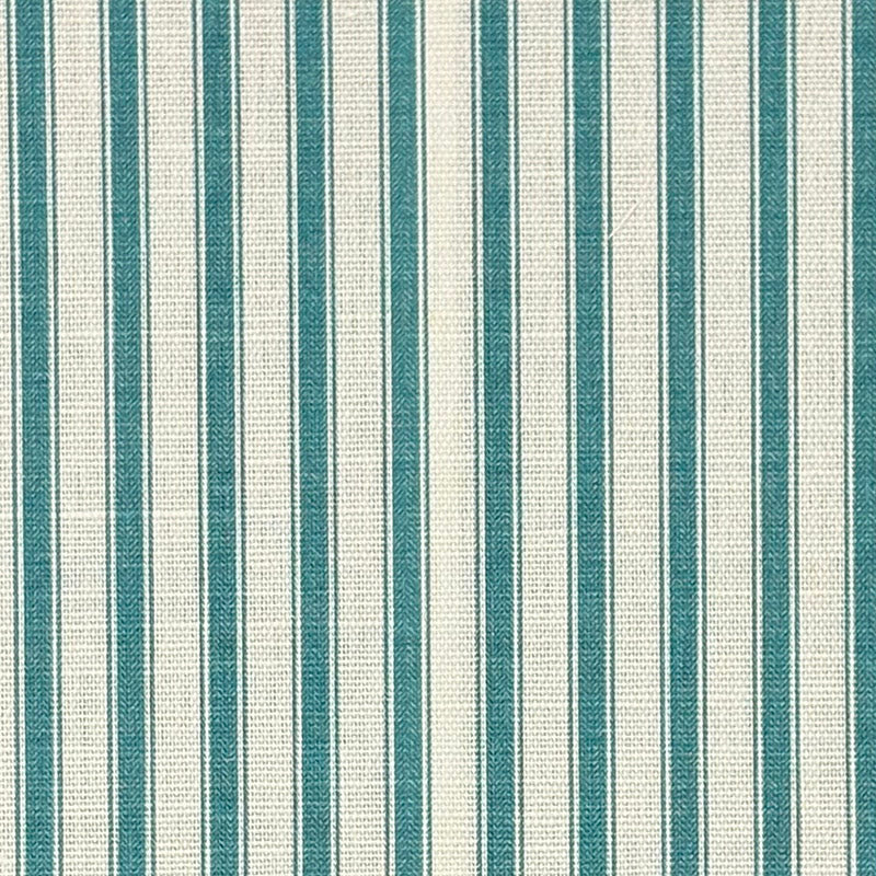 Flat image of Ticking Stripe Upholstery Fabric in Teal green-blue with woven stripe texture for curtains or sofas.