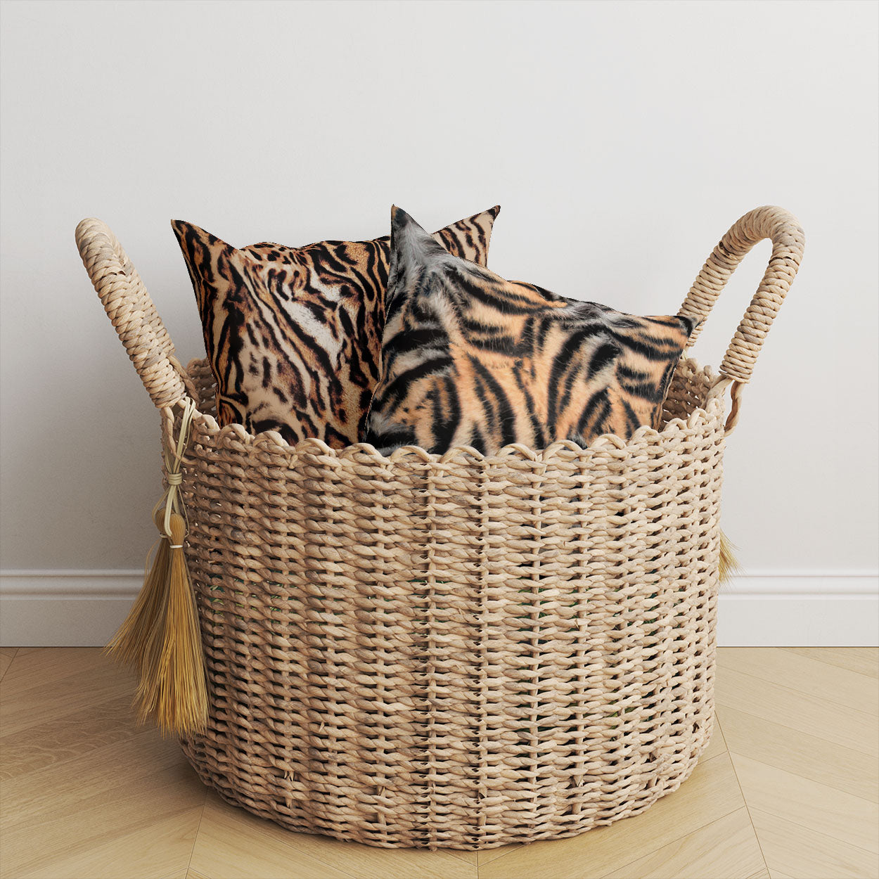 Bengal and Siberian tiger print washable curtain fabric cushions showing animal stripe designs