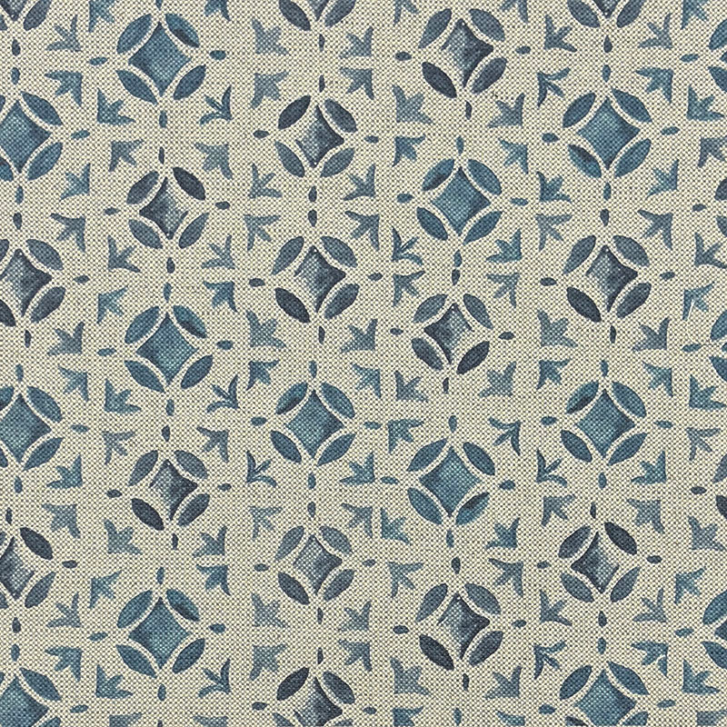 Tiznit Aegean blue geometric upholstery fabric flat image, Mediterranean patterned fabric by the metre for chairs and curtains