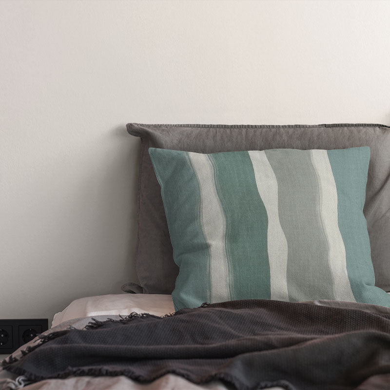 striped curtain fabric cushion in duck egg green tones with subtle blended vertical stripe design on linen fabric