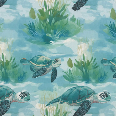 Flat image of Turtles Aqua cotton curtain fabric with sea life design in teal and aqua tones