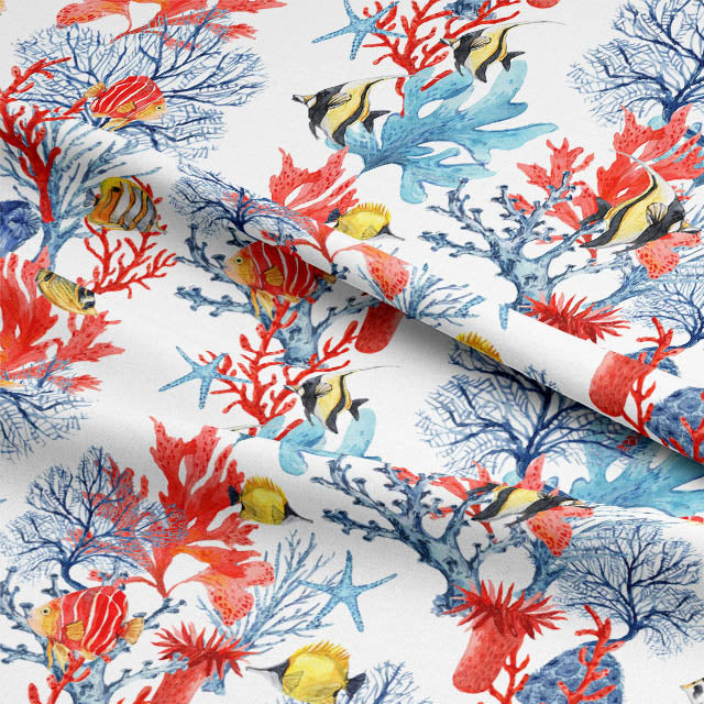 White curtain fabric featuring illustrations of marine life and ocean plants