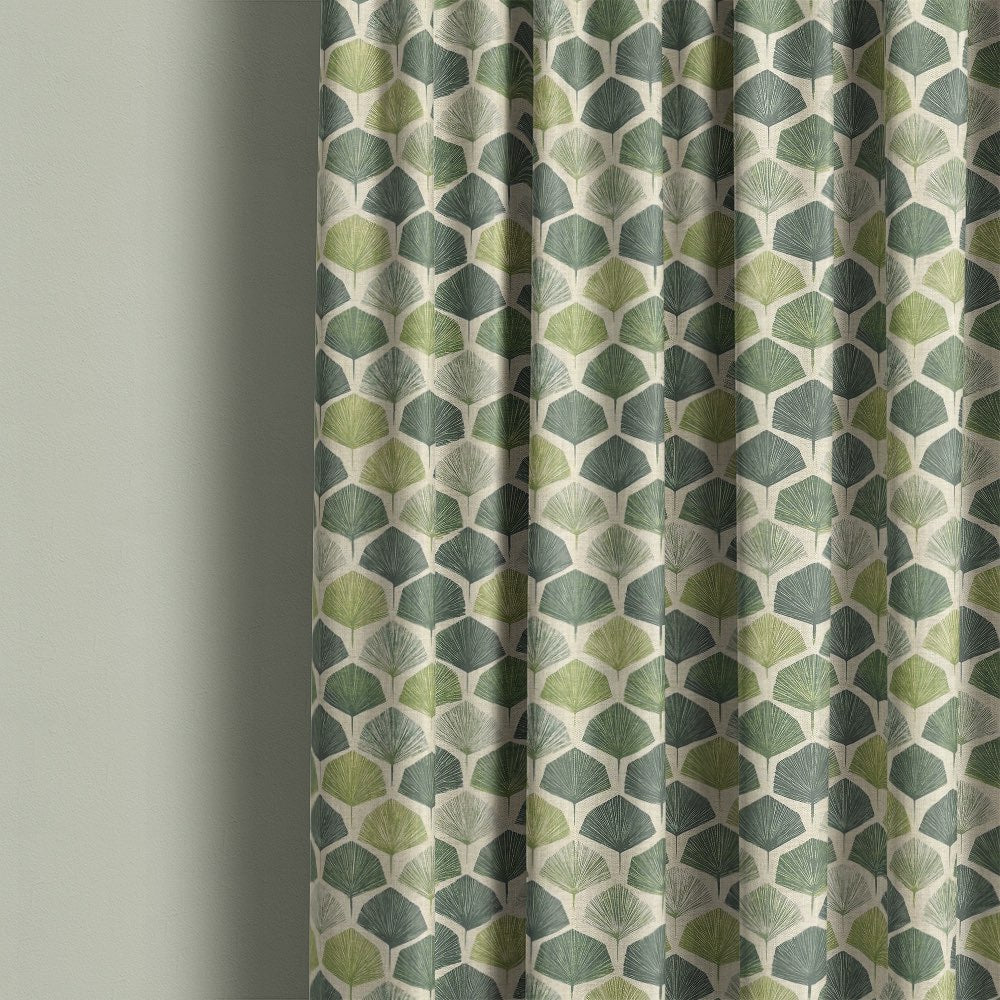 Verdant Leaf Linen Curtain – draped green leaf curtain fabric on pale green wall