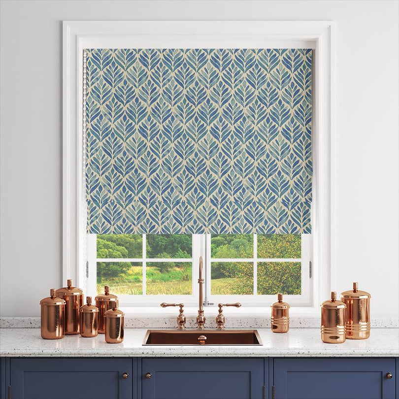 Watercolour Leaves Upholstery Fabric featuring a beautiful botanical design in green, blue, and purple hues perfect for adding a nature-inspired touch to your home decor