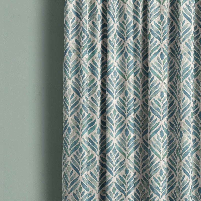 Watercolour Leaves Upholstery Fabric: Vibrant green and blue leaf pattern on soft fabric