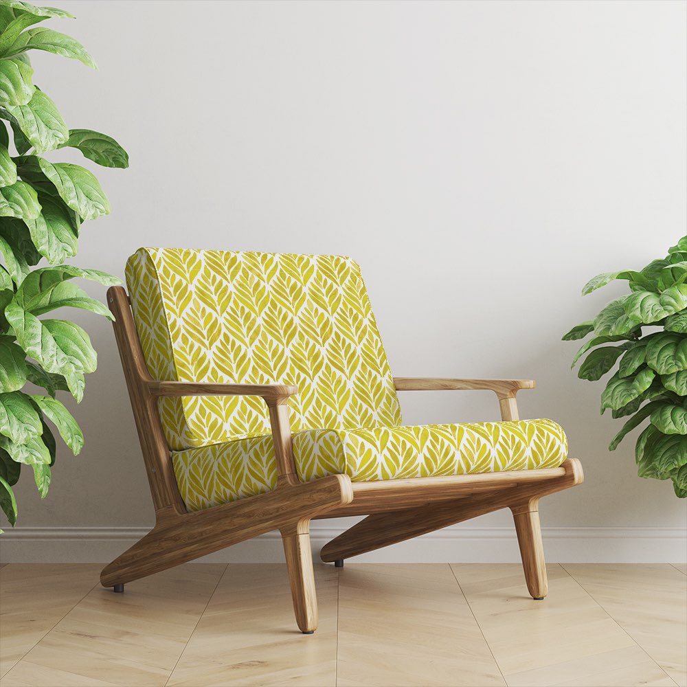 Upholstered chair in Watercolour Foliage Velvet Fabric in Ochre – golden yellow velvet leaf print on chair cushions