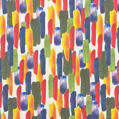 Watercolour Paints Olive and Navy linen curtain fabric featuring painterly brushstroke pattern in blue, green, red and yellow tones