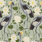 Waterlily Cranes green bird velvet fabric flat image with cranes, waterlilies and lily pad pattern