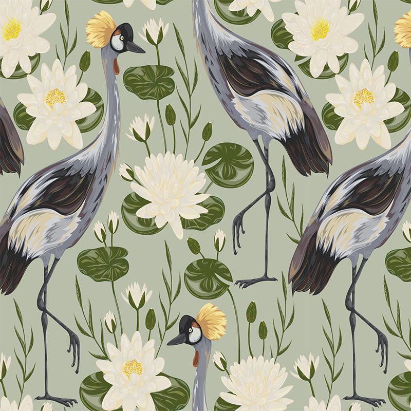 Waterlily Cranes green bird velvet fabric flat image with cranes, waterlilies and lily pad pattern
