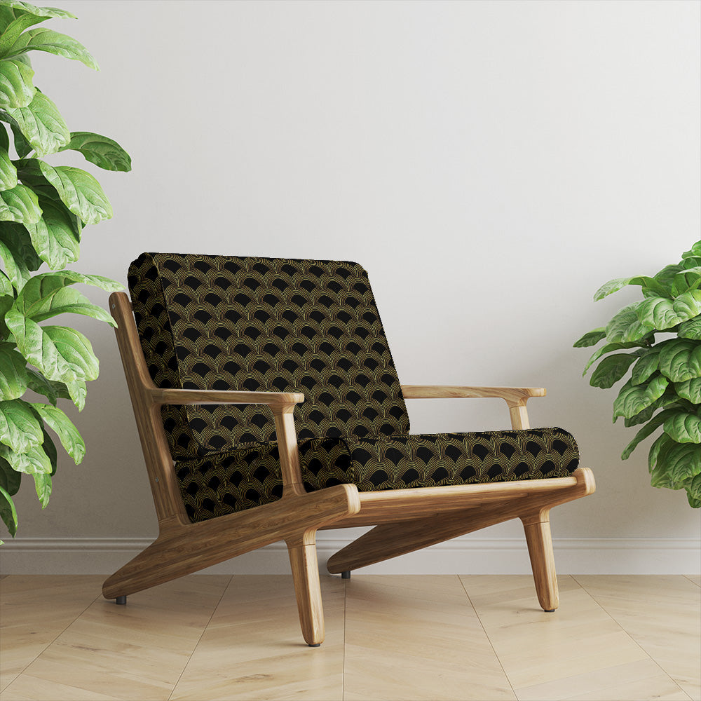 Waverly Ebony Gold printed velvet upholstery fabric on chair