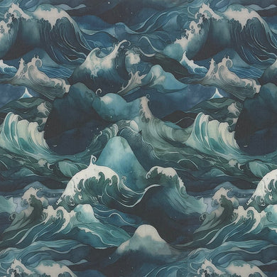 Flat image of Waves Ink cotton curtain fabric with painterly ocean wave design in layered blues