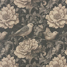 Weaver bird pattern upholstery fabric flat lay showing detailed floral and bird illustration