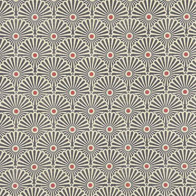 Welford Charcoal geometric linen blend upholstery fabric – flat lay showcasing fan motif.