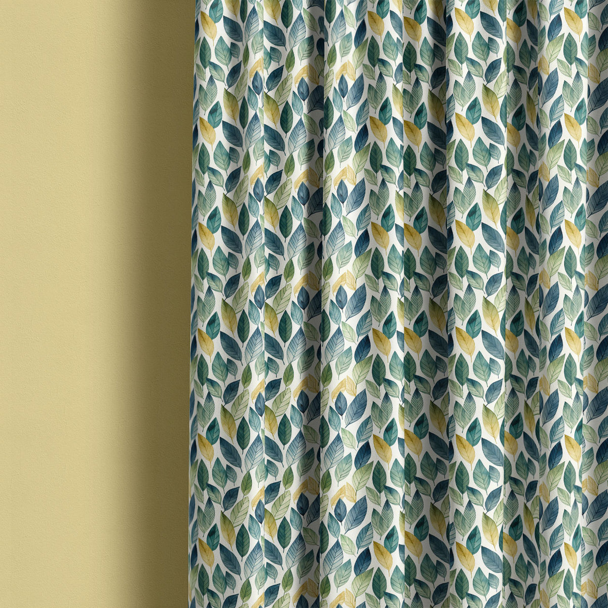 Whinfell washable leaf fabric displayed as blue-green botanical curtains in a calm interior