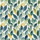 Whinfell blue and green leaf curtain fabric with sage and muted gold foliage on warm white