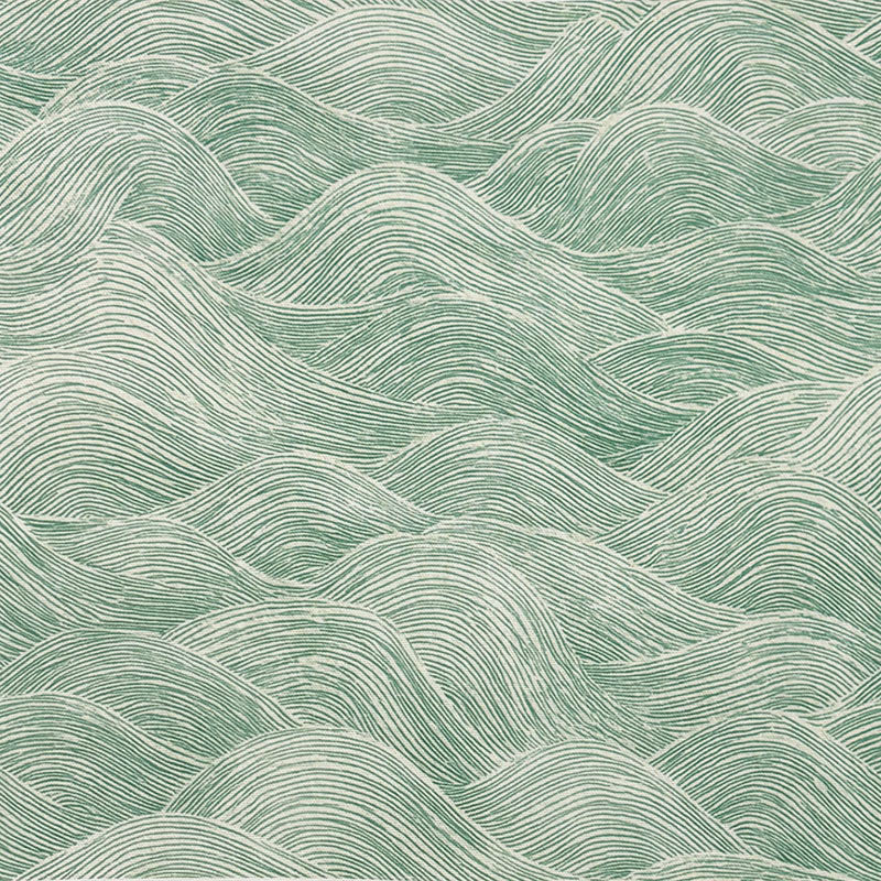 Whitby Green wave pattern curtain fabric – 100% cotton printed curtain fabric with flowing coastal wave design
