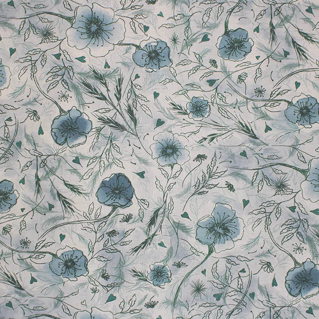 Wild Poppies Linen Curtain Fabric - Blue Sage