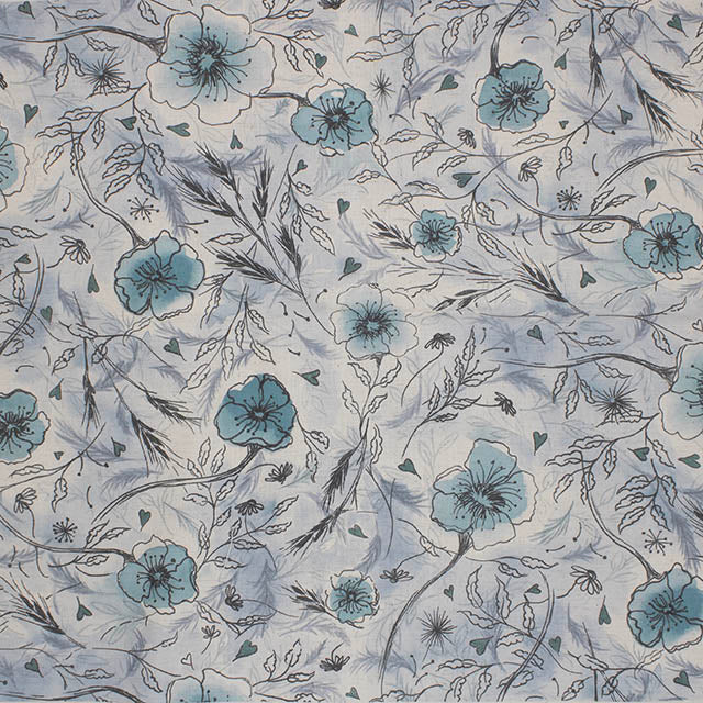 Wild Poppies Linen Curtain Fabric - Cornish Slate