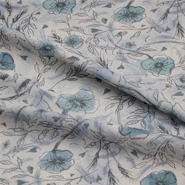 Wild Poppies Linen Curtain Fabric - Cornish Slate