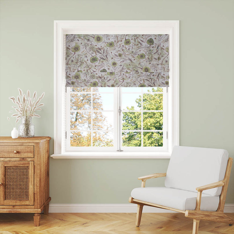 Wild Poppies Linen Curtain Fabric - Olive