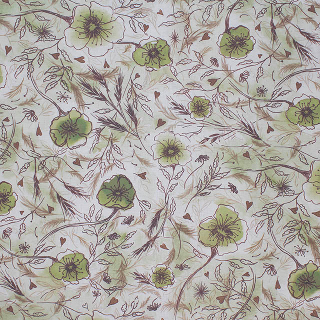 Wild Poppies Linen Curtain Fabric - Olive