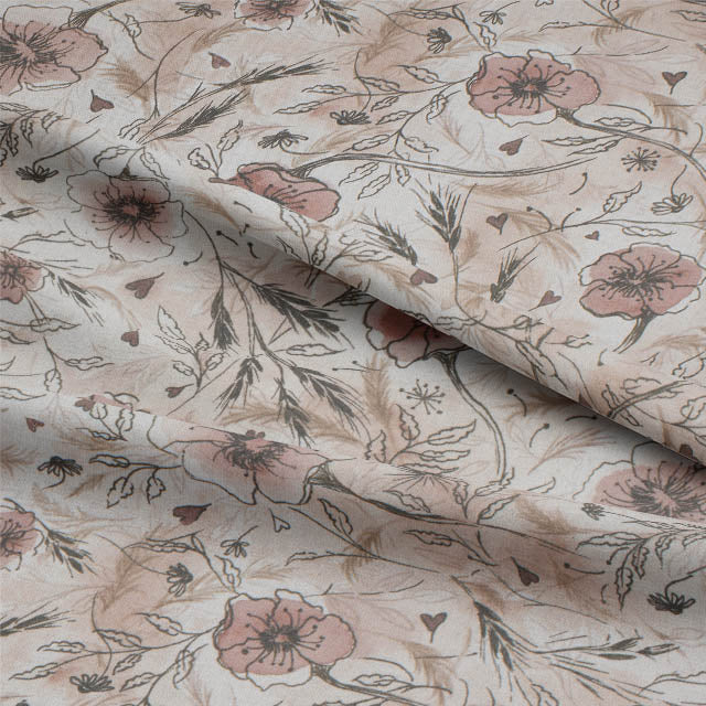 Wild Poppies Linen Curtain Fabric - Sepia