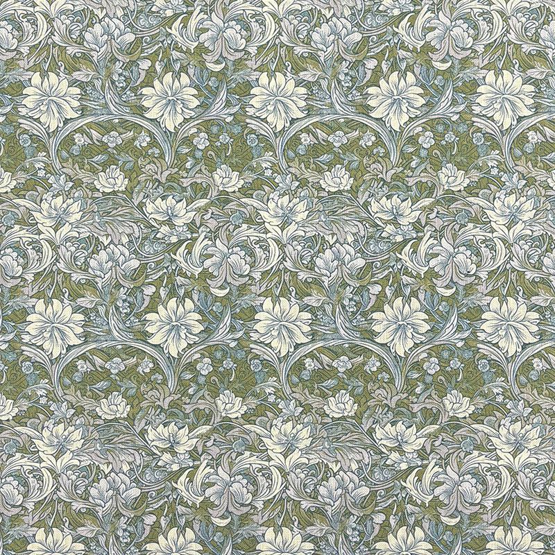 Printed floral velvet fabric in soft green for curtains and upholstery