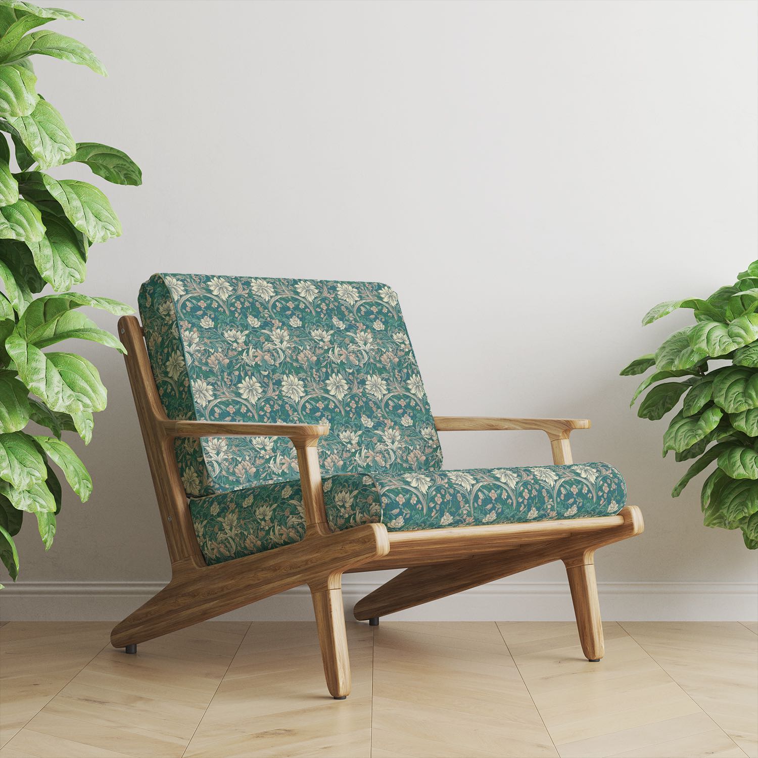 Woodford Teal velvet upholstery fabric on armchair in rich teal with cream Arts and Crafts floral print