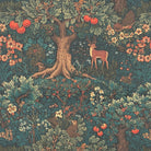 Flat lay of Woodland Garden linen curtain fabric with detailed forest scene, including deer, trees, flowers, and fruit.